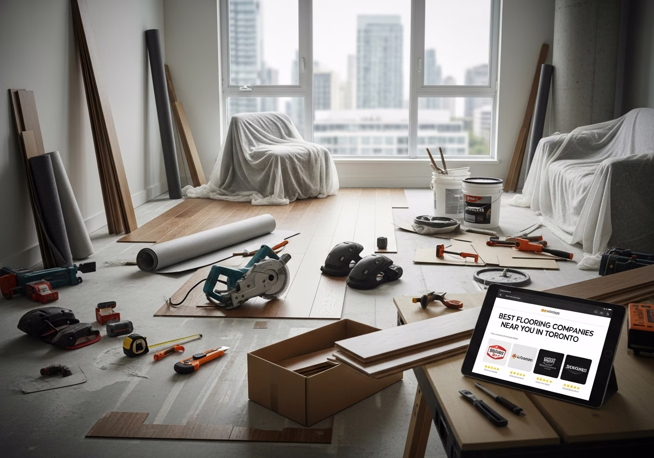 Best Flooring Companies Near You β tools and materials staged in a Greater Toronto Area home