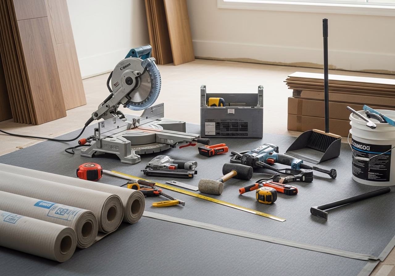 Flooring Installation Cost Per Sq Ft — tools and materials staged in a Greater Toronto Area home