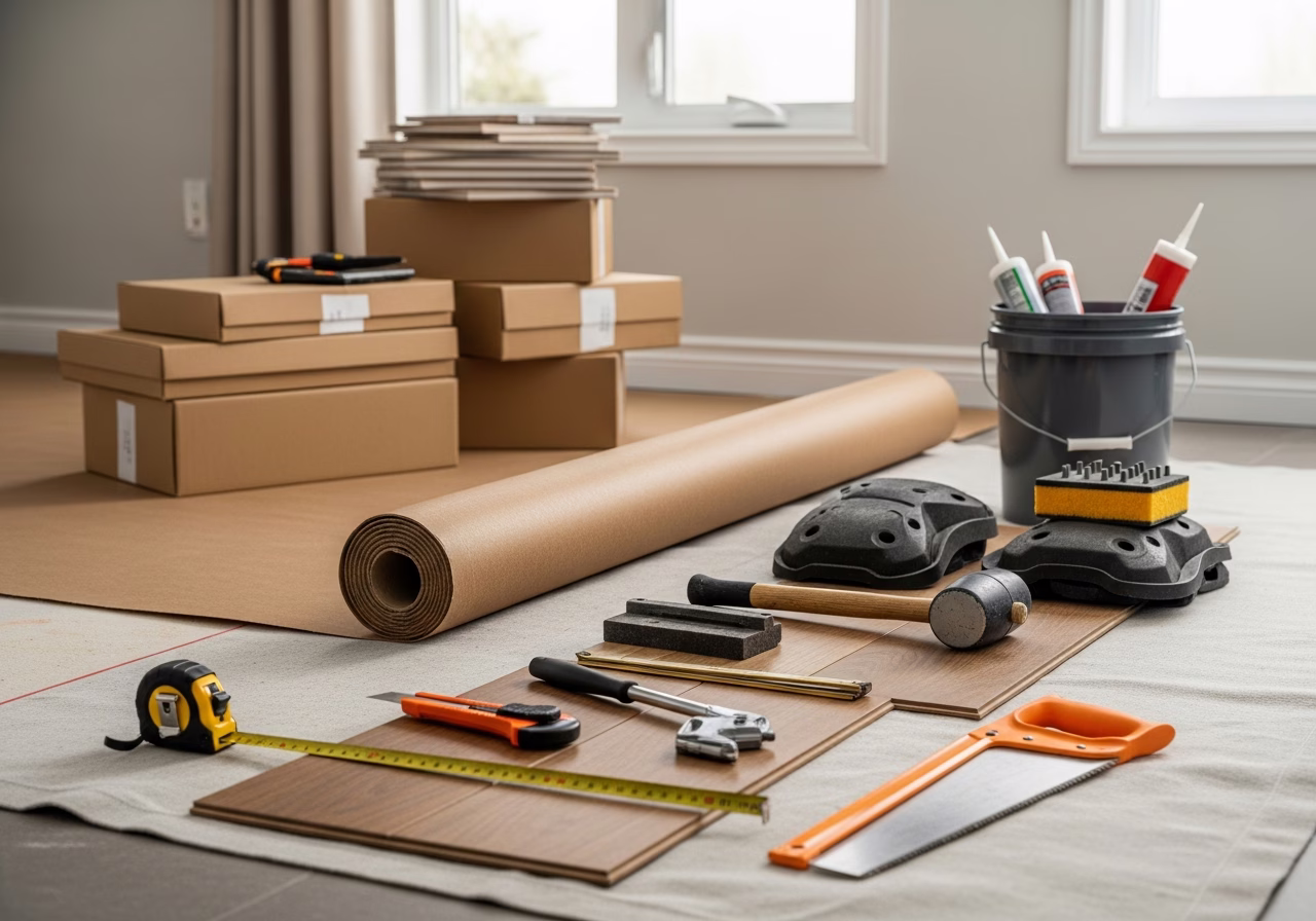 Flooring — tools and materials staged in a Greater Toronto Area home