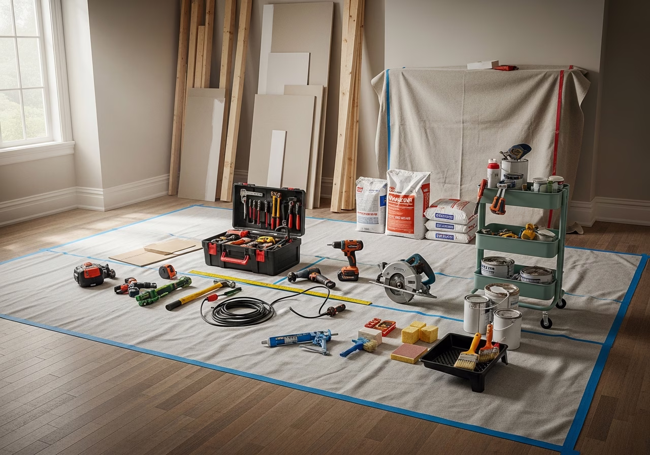 Front Door Replacement — tools and materials staged in a Greater Toronto Area home