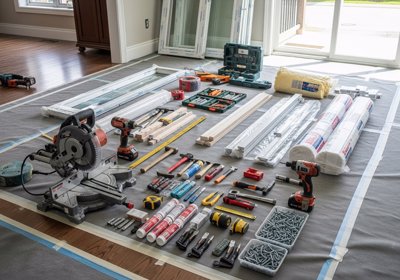 Front Door Replacement — tools and materials staged in a Greater Toronto Area home