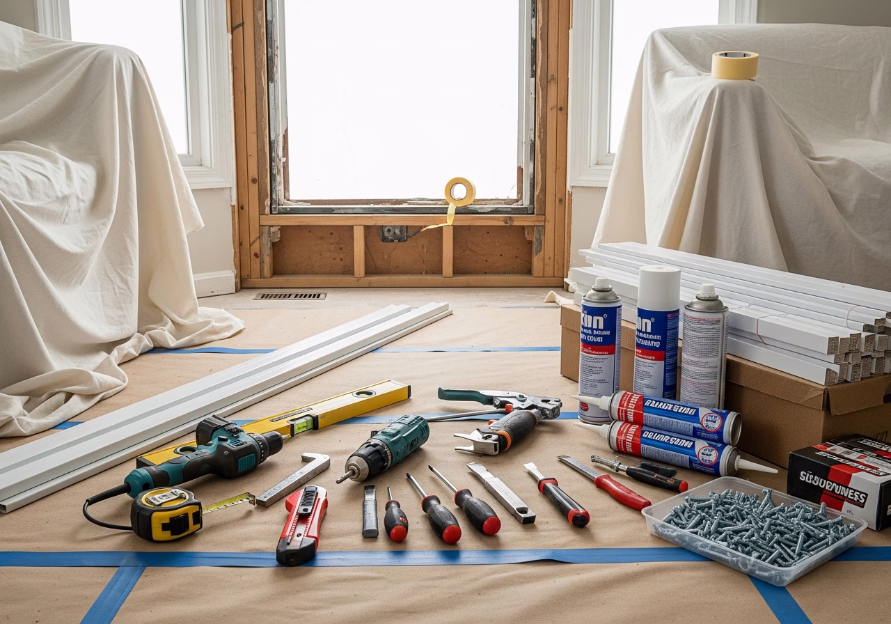Front Door Restaining in Forest Hill — tools and materials staged in a Greater Toronto Area home