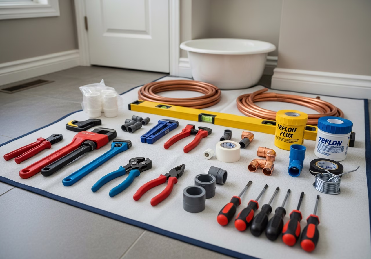 Galvanized Water Service Replacement — tools and materials staged in a Greater Toronto Area home