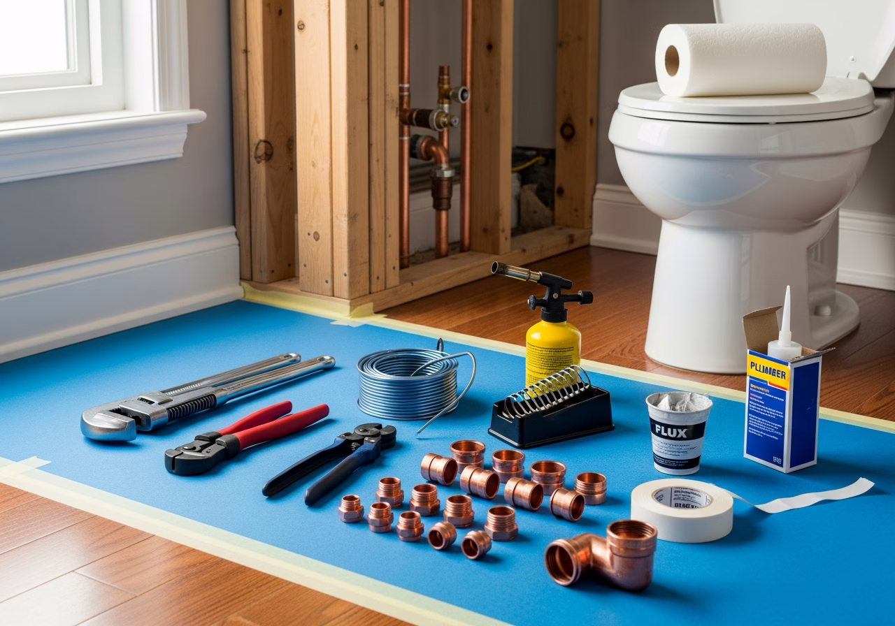 Gas Pool Heater Line — tools and materials staged in a Greater Toronto Area home