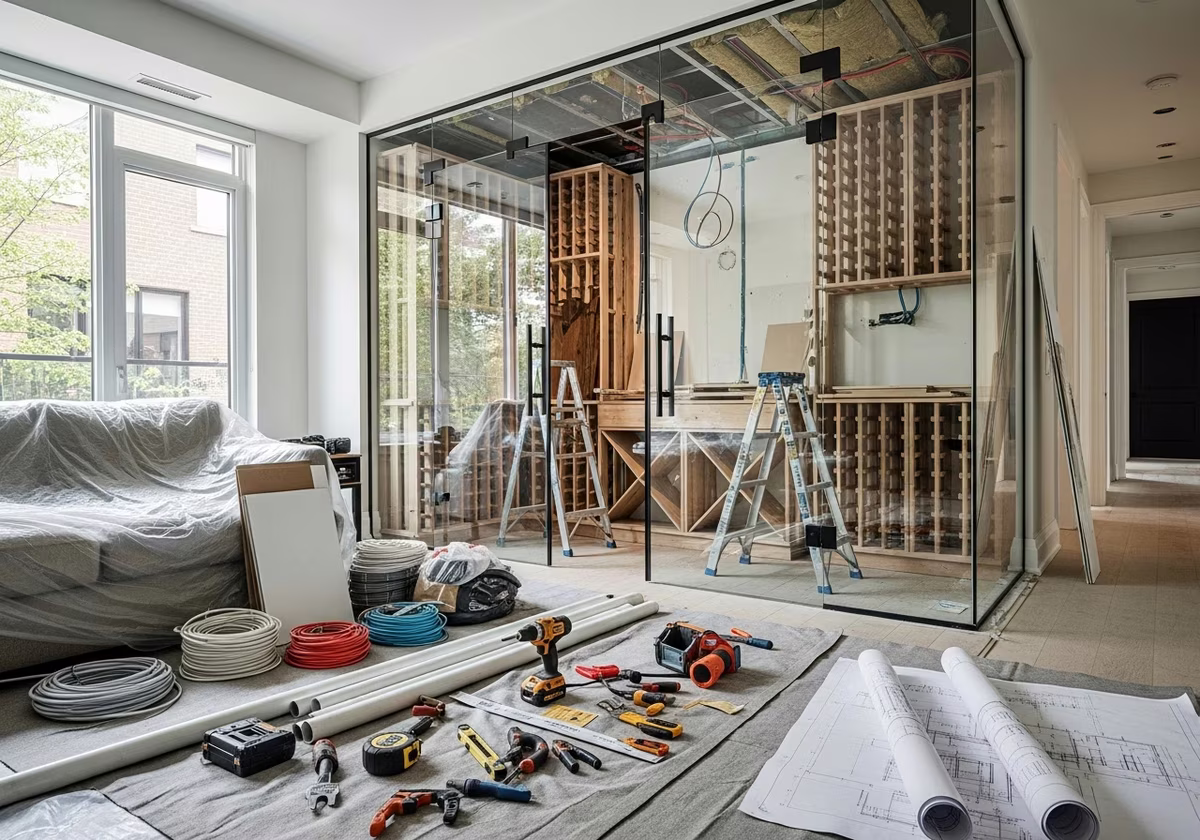 Glass-Enclosed Wine Cellar in a Toronto Living Room β tools and materials staged in a Greater Toronto Area home