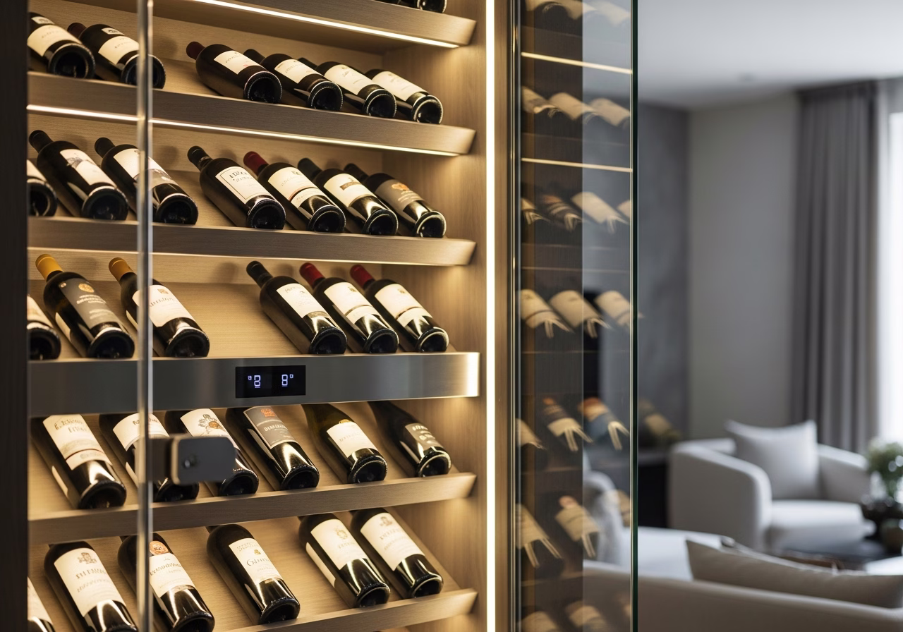 Glass-Enclosed Wine Cellar in a Toronto Living Room β close-up of professional workmanship in a Toronto-area home