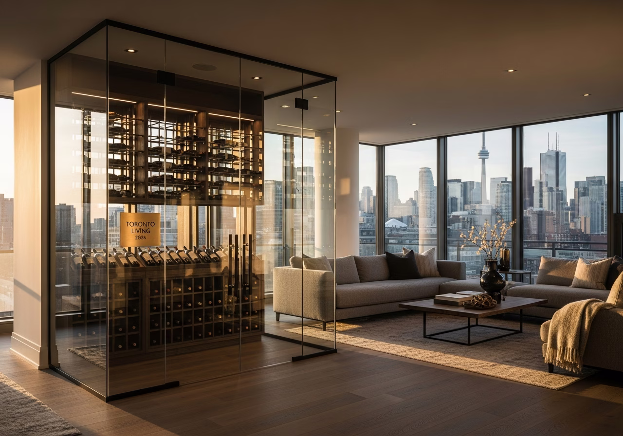 Glass-Enclosed Wine Cellar in a Toronto Living Room β finished result in a Toronto or GTA home by RenoHouse