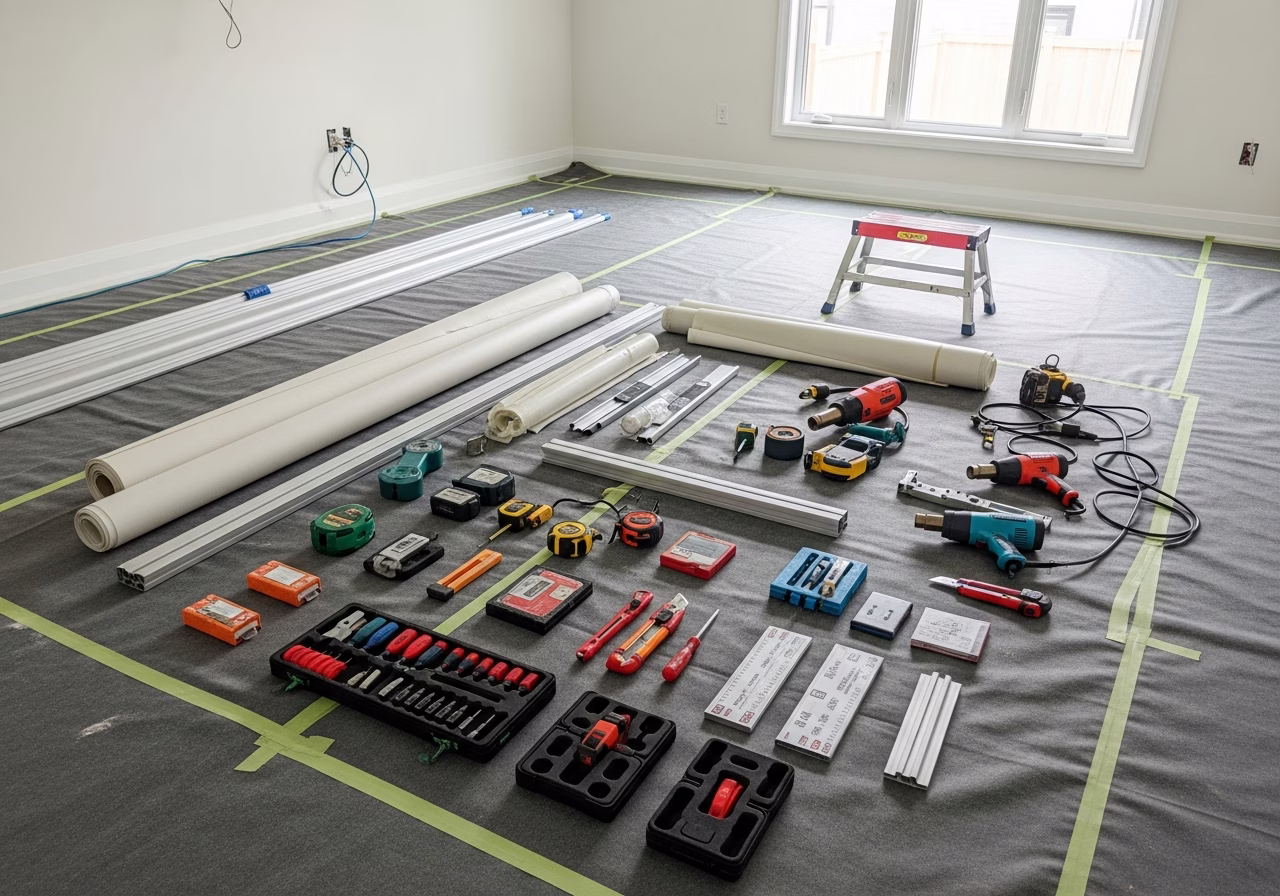 Glossy, Matte, or Satin Stretch Ceiling — tools and materials staged in a Greater Toronto Area home