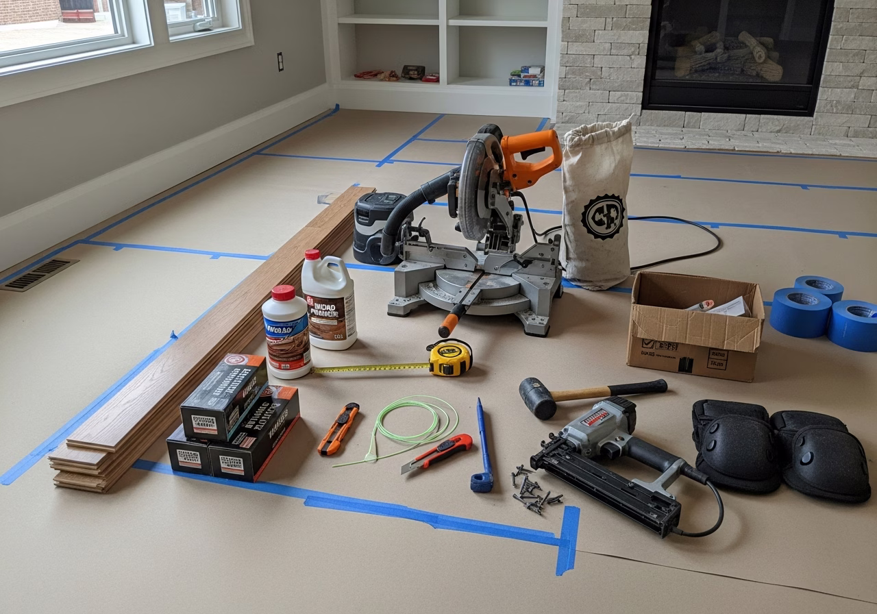 Hardwood Floor Installation Tools — tools and materials staged in a Greater Toronto Area home