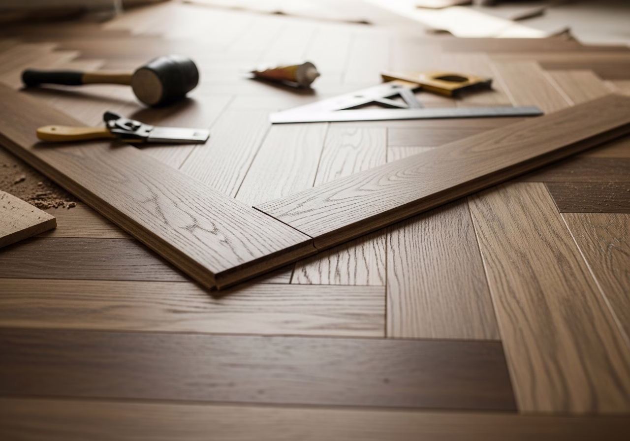 Hardwood Floor Installation Tools — close-up of professional workmanship in a Toronto-area home