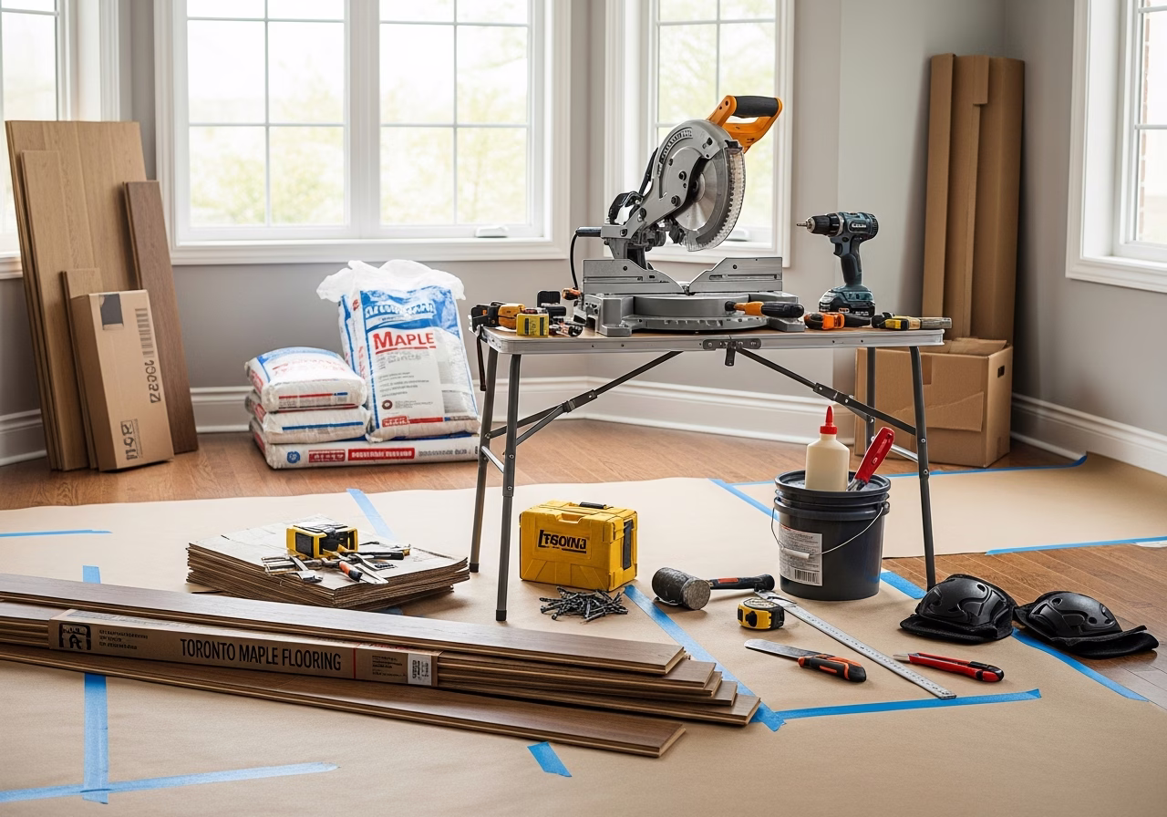 Hardwood Floor Refinishing β tools and materials staged in a Greater Toronto Area home