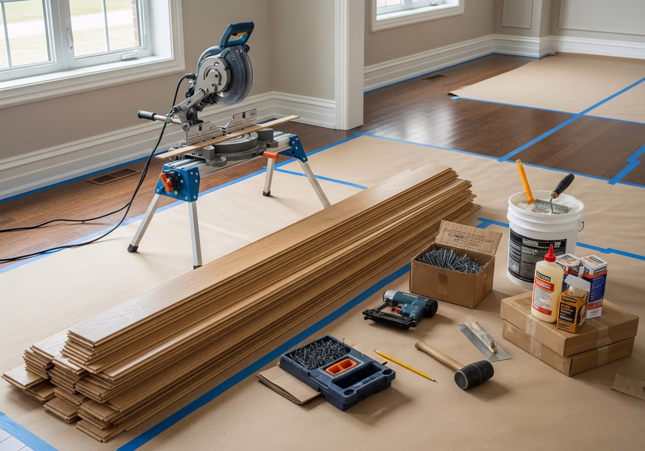 Hardwood Flooring Whitby — tools and materials staged in a Greater Toronto Area home