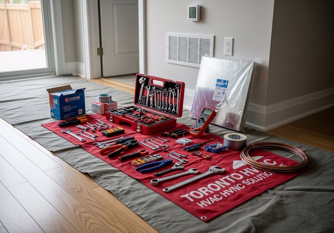 Heat Pump Condensate Drainage Toronto Winter โ tools and materials staged in a Greater Toronto Area home