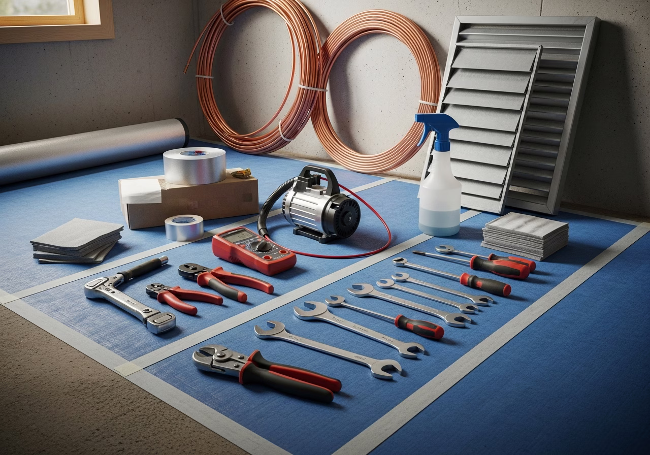 Heat Pump Condo Installation โ tools and materials staged in a Greater Toronto Area home
