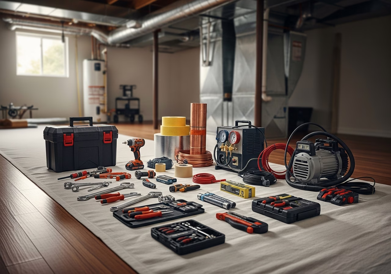 Heat Pump โ tools and materials staged in a Greater Toronto Area home