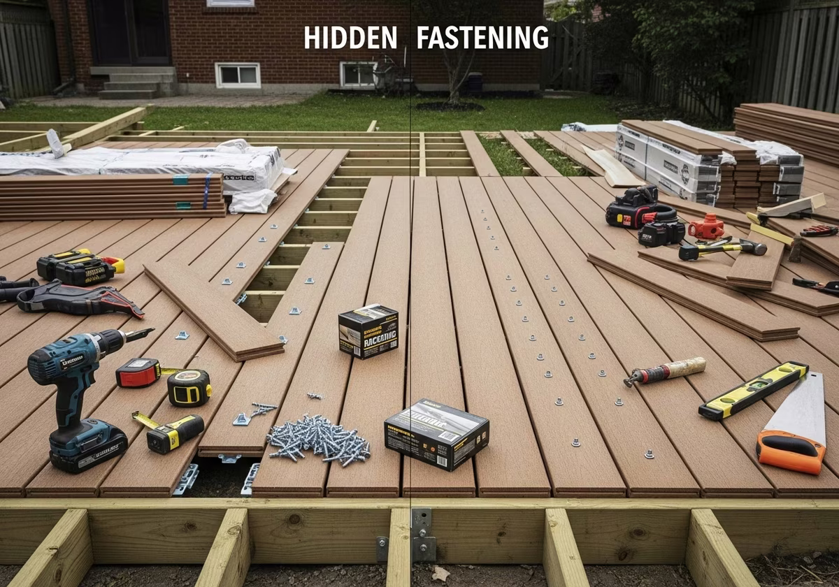 Hidden Fastener vs Face Fastening Decking — tools and materials staged in a Greater Toronto Area home