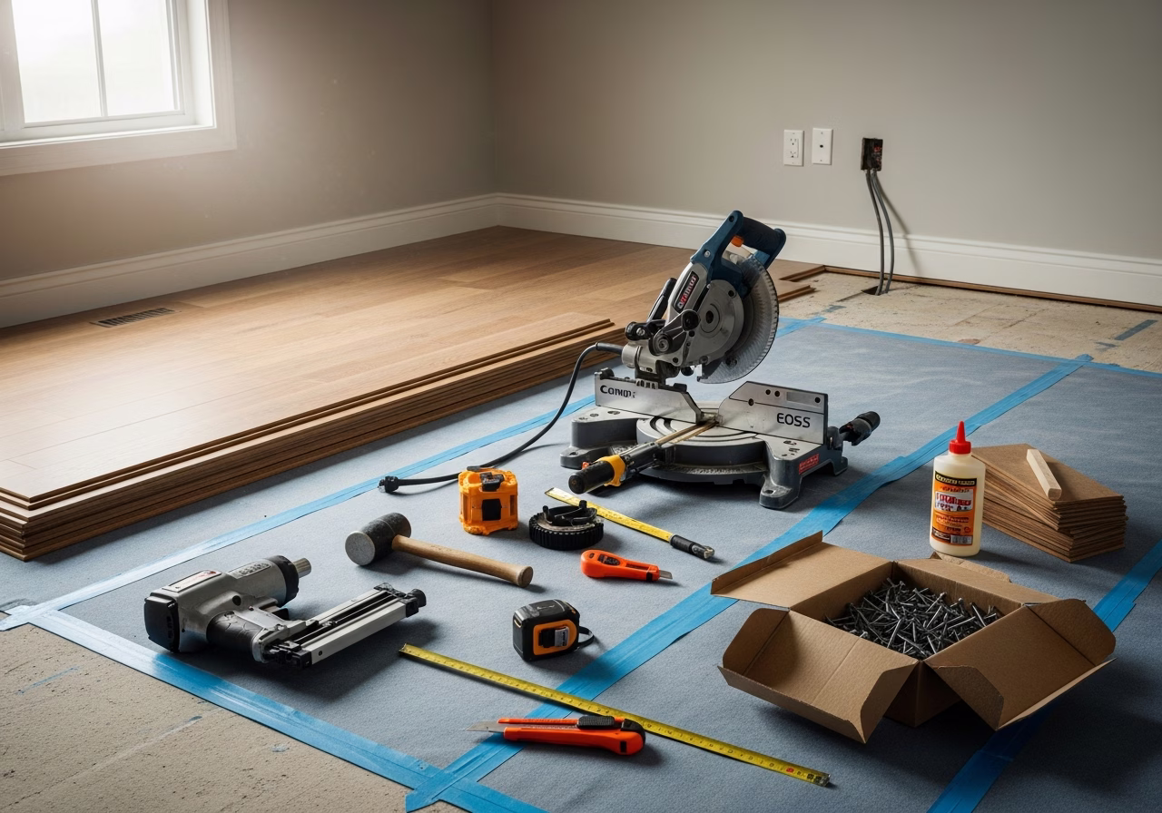 Home Flooring — tools and materials staged in a Greater Toronto Area home