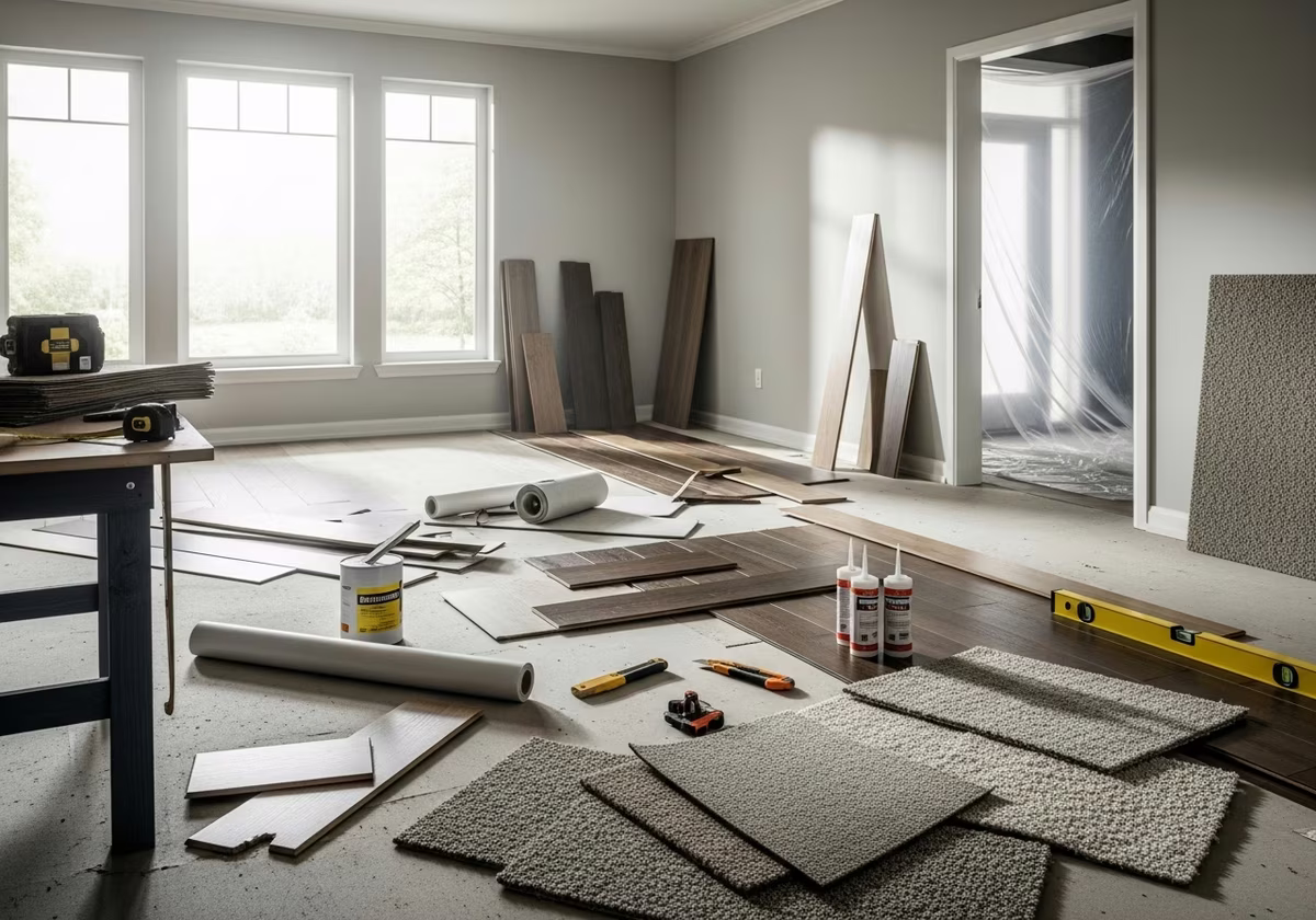 Explore Home Flooring Options โ tools and materials staged in a Greater Toronto Area home