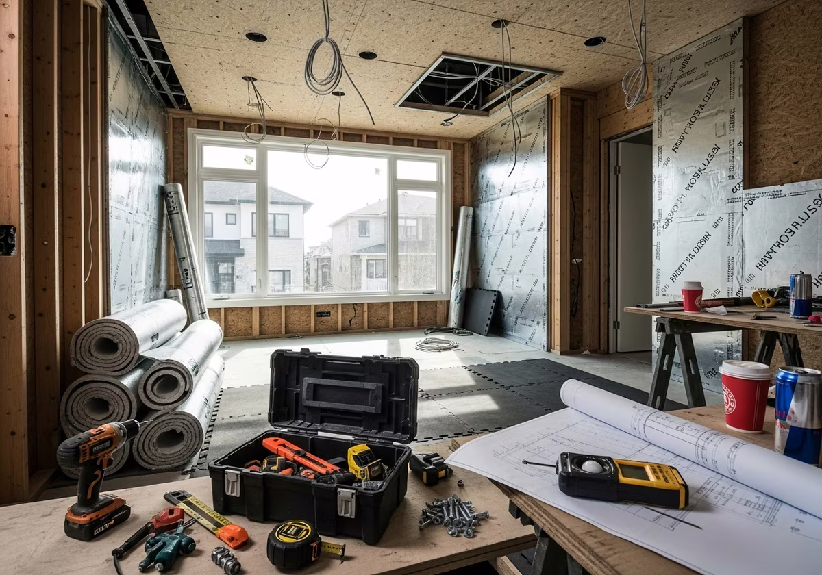 Home Gym Lighting and Acoustics β tools and materials staged in a Greater Toronto Area home