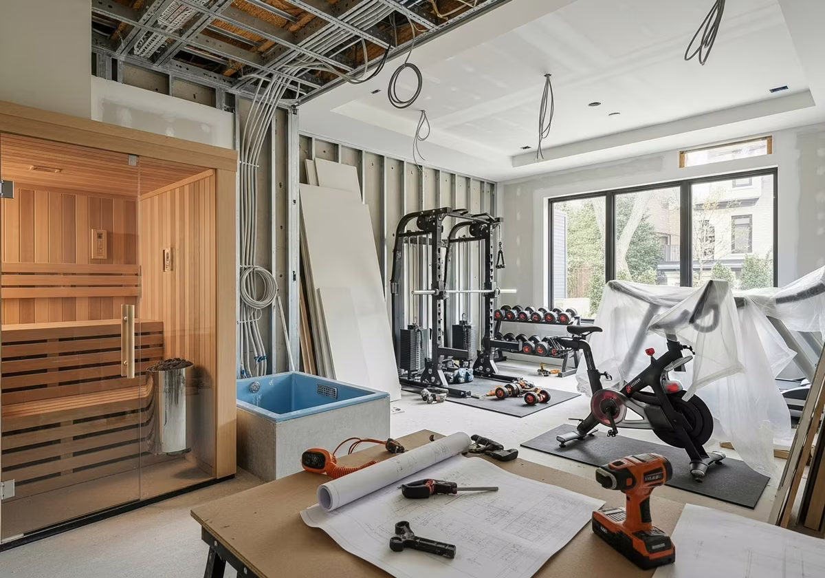 Home Gym + Sauna + Cold Plunge — tools and materials staged in a Greater Toronto Area home
