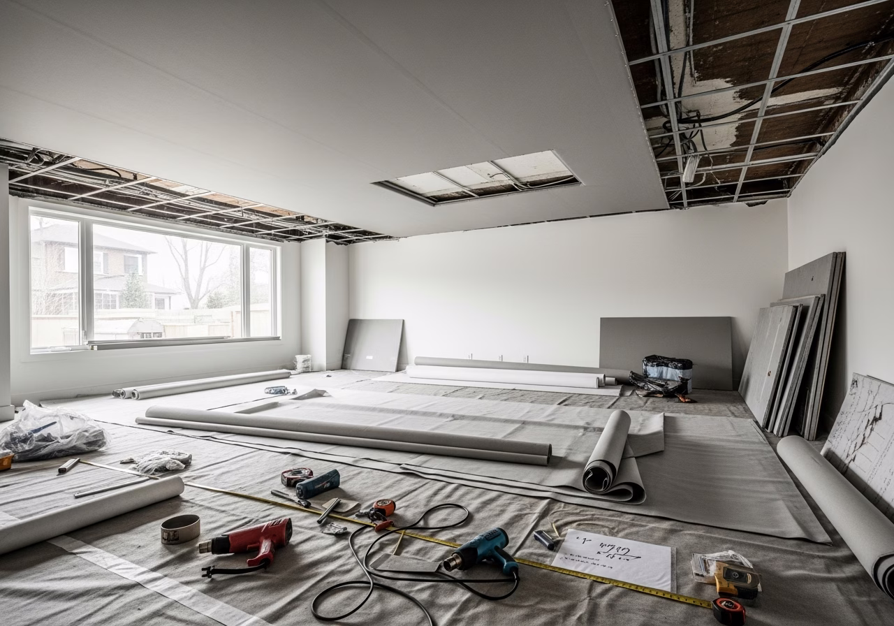 Home Gym Stretch Ceiling — tools and materials staged in a Greater Toronto Area home