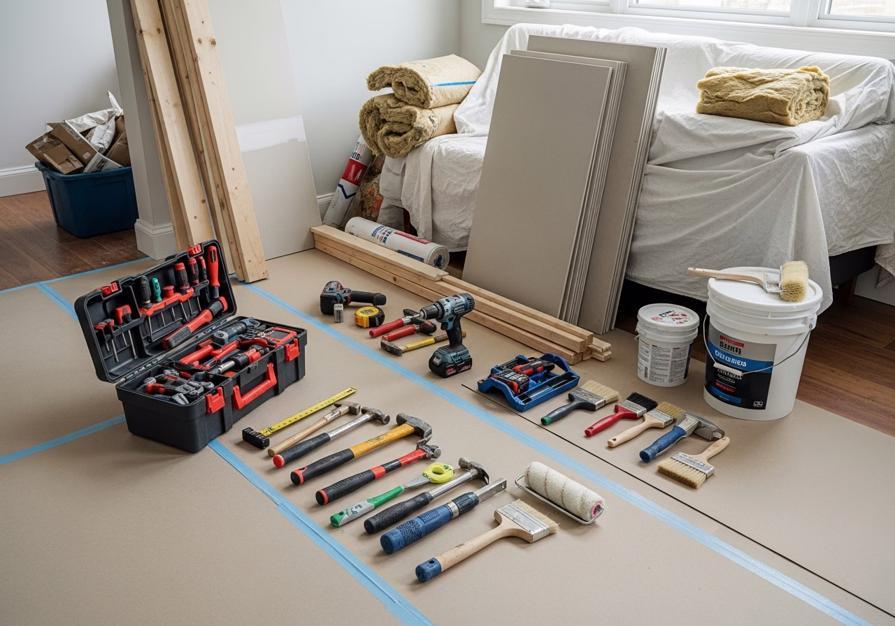 Home Office Soundproofing — tools and materials staged in a Greater Toronto Area home