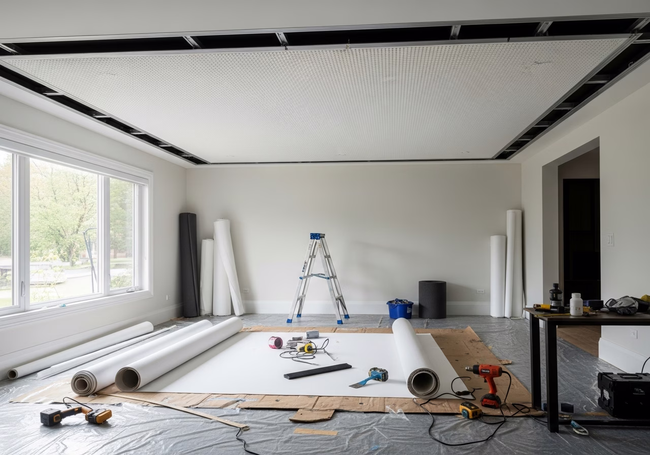 Home Office Stretch Ceiling — tools and materials staged in a Greater Toronto Area home