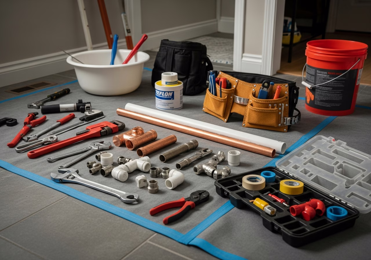 Hot Water Tank Replacement — tools and materials staged in a Greater Toronto Area home