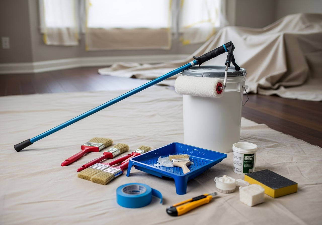 Hanging Paintings Without Nails — tools and materials staged in a Greater Toronto Area home