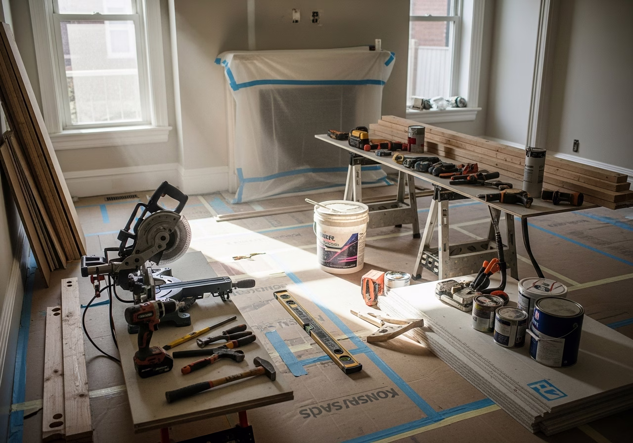 Installing a Murphy Bed — tools and materials staged in a Greater Toronto Area home