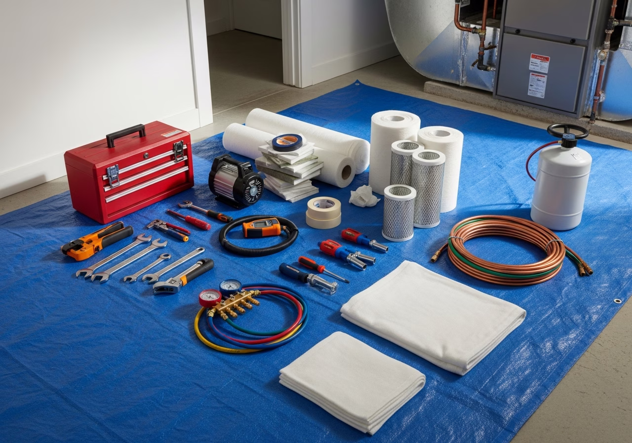 HRV Energy Recovery Efficiency — tools and materials staged in a Greater Toronto Area home