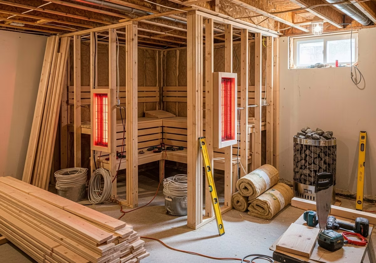 Hybrid Sauna Builds — tools and materials staged in a Greater Toronto Area home