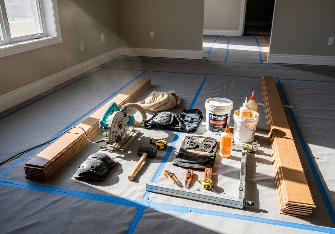 Hardwood Floor Installation Tools — tools and materials staged in a Greater Toronto Area home