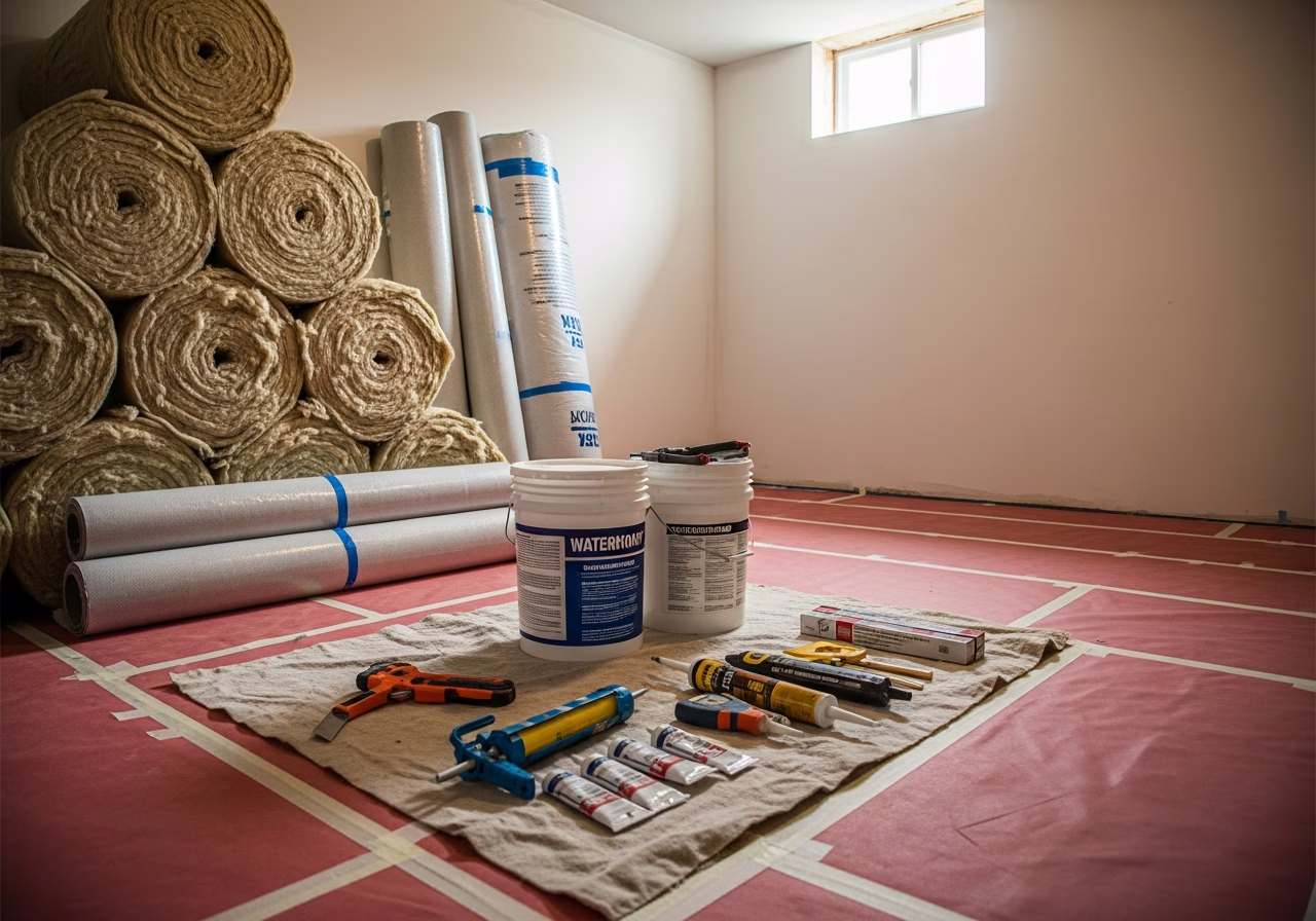 Insulation and Waterproofing — tools and materials staged in a Greater Toronto Area home