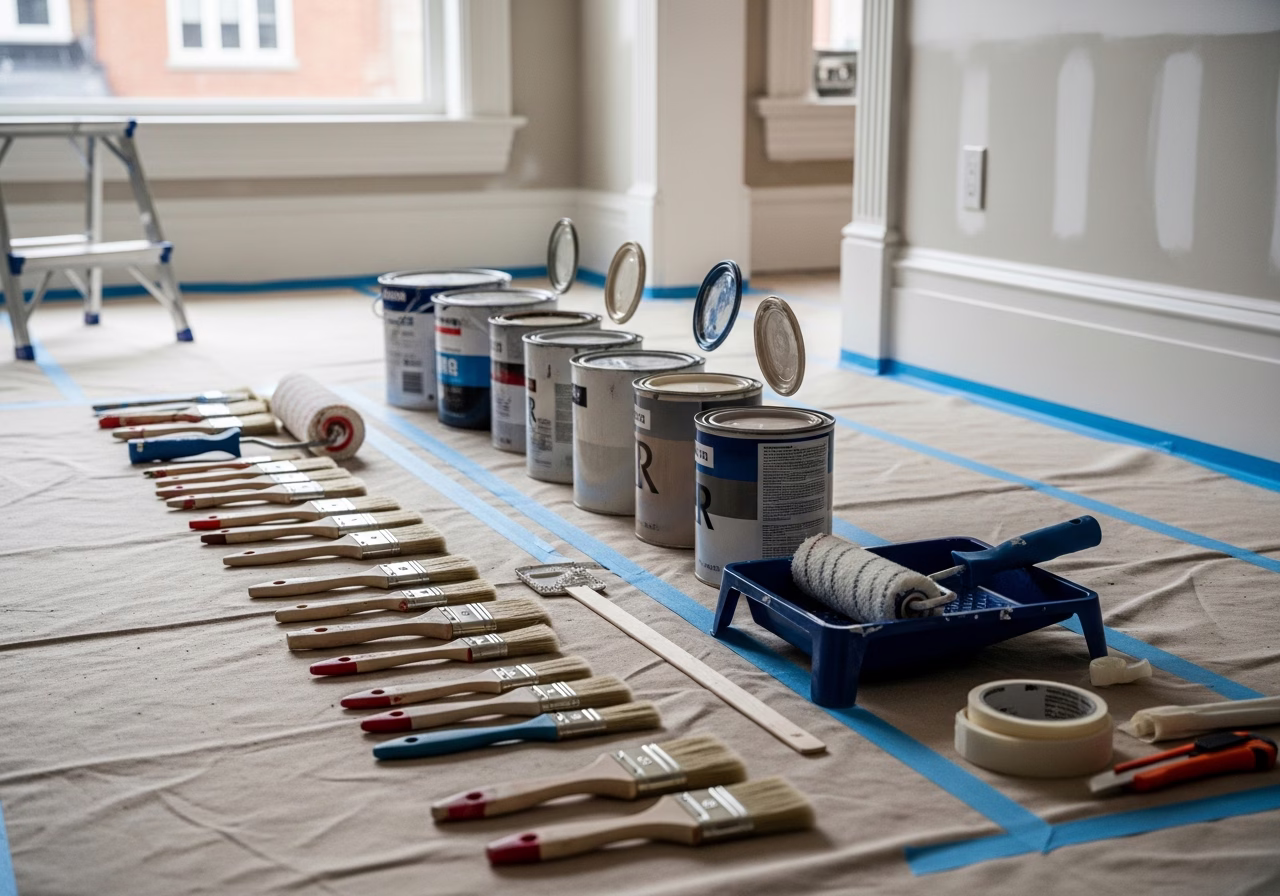 Interior Painting โ tools and materials staged in a Greater Toronto Area home