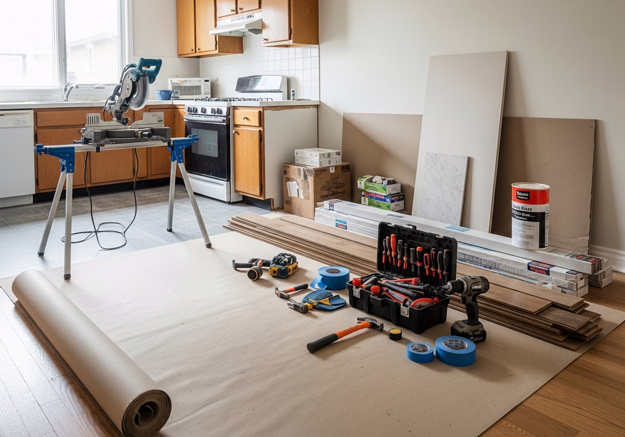 Kitchen Cabinet Painting — tools and materials staged in a Greater Toronto Area home
