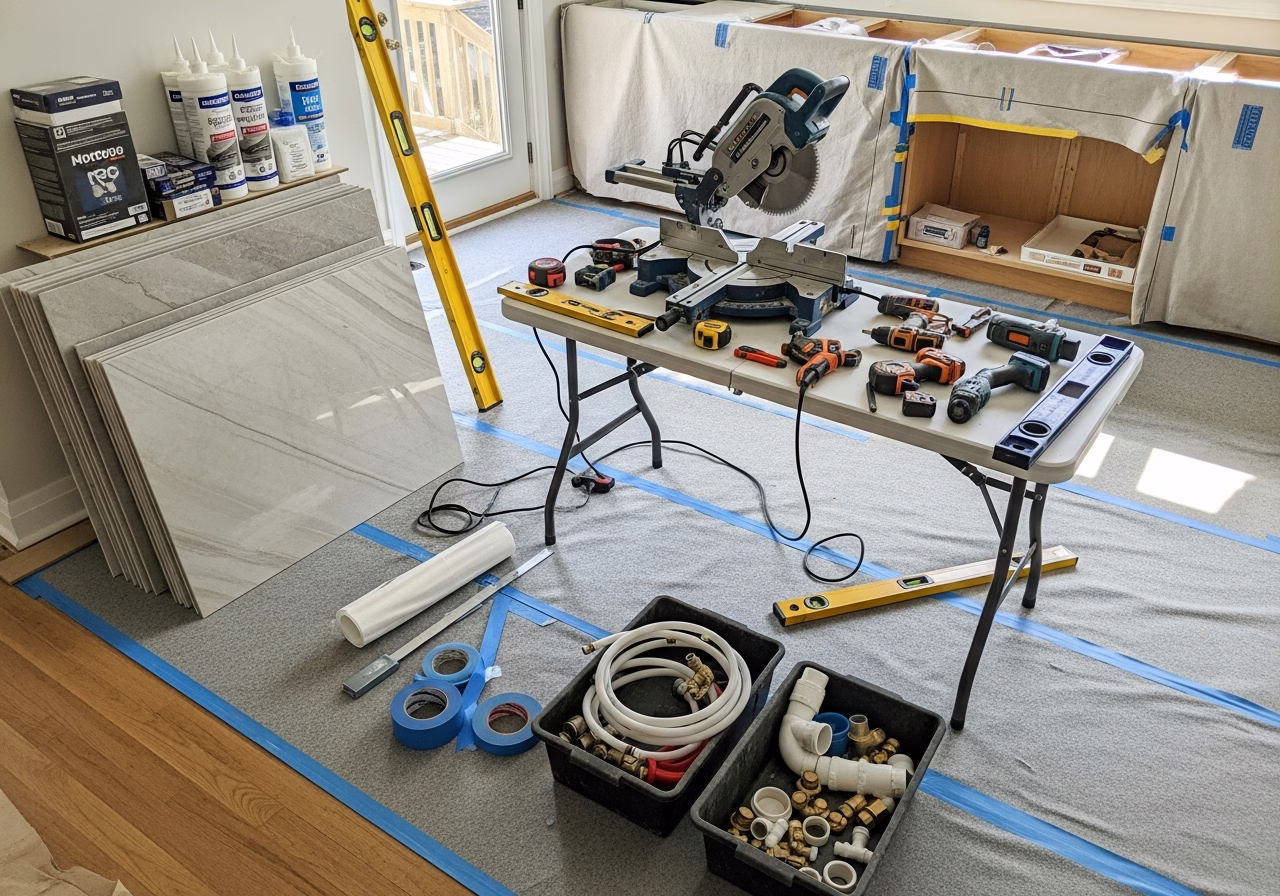Kitchen Cabinet Refacing vs. Replacing — tools and materials staged in a Greater Toronto Area home