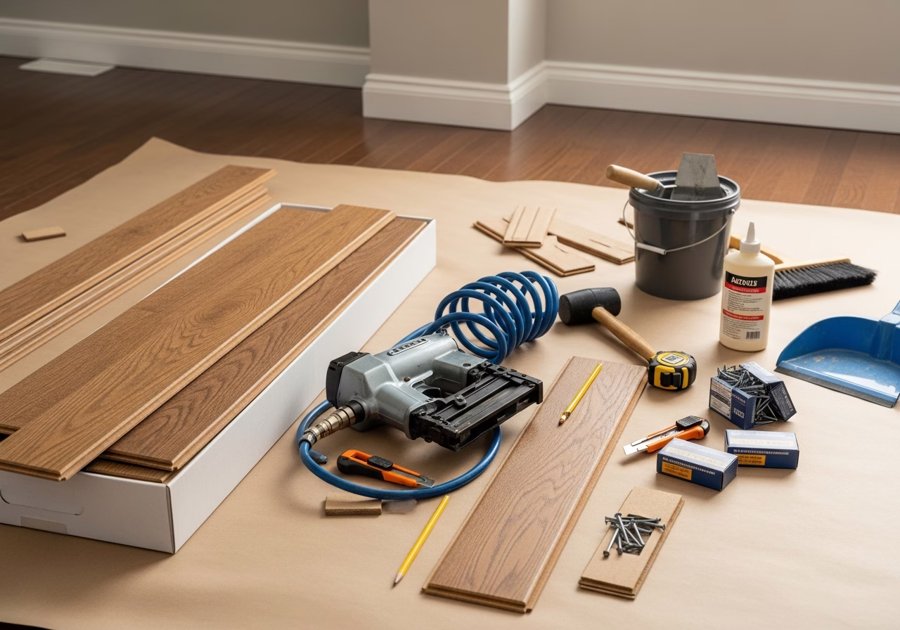 Laminate Flooring Installation — tools and materials staged in a Greater Toronto Area home