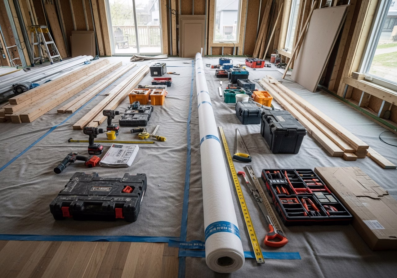 Laneway House Construction — tools and materials staged in a Greater Toronto Area home
