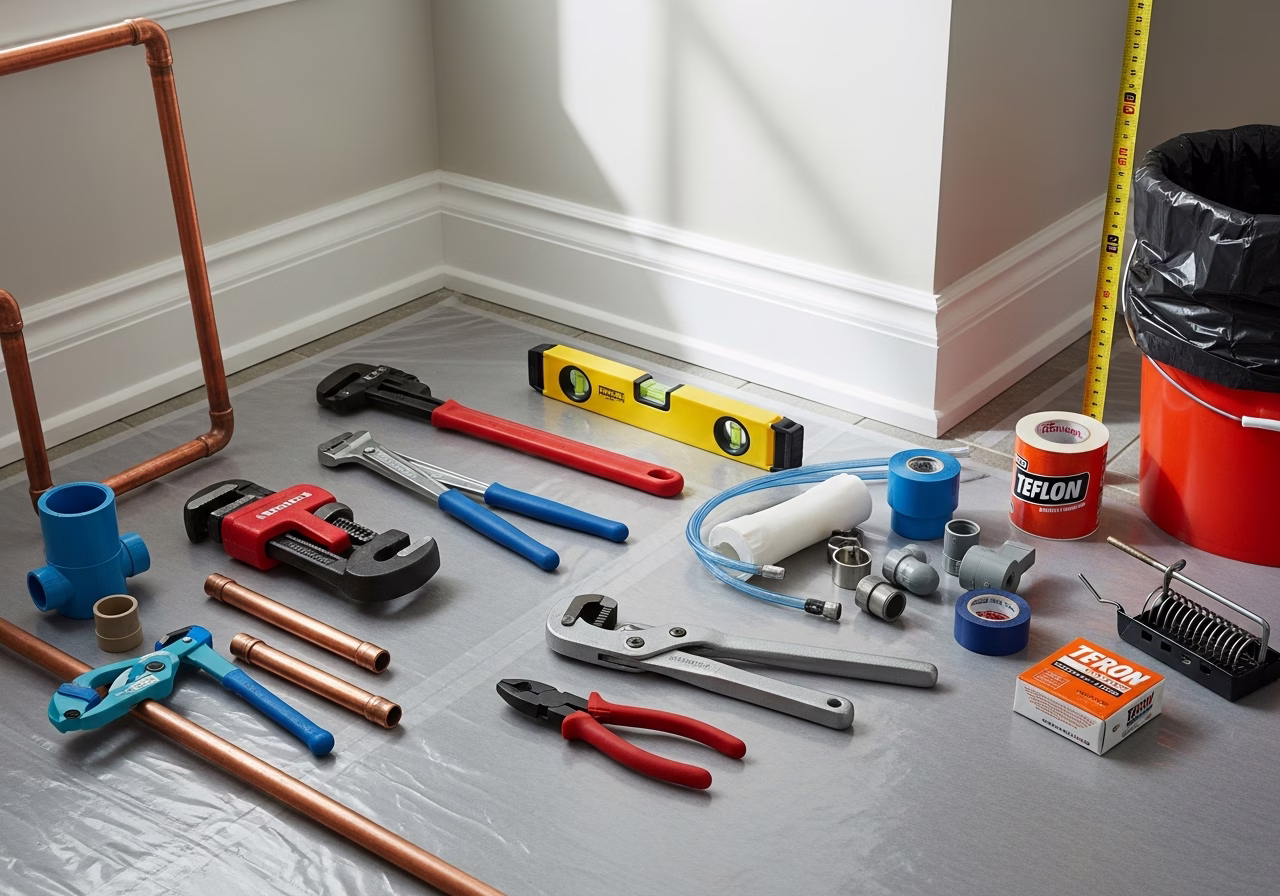 Lead Pipe in Pre-1955 Toronto Homes — tools and materials staged in a Greater Toronto Area home