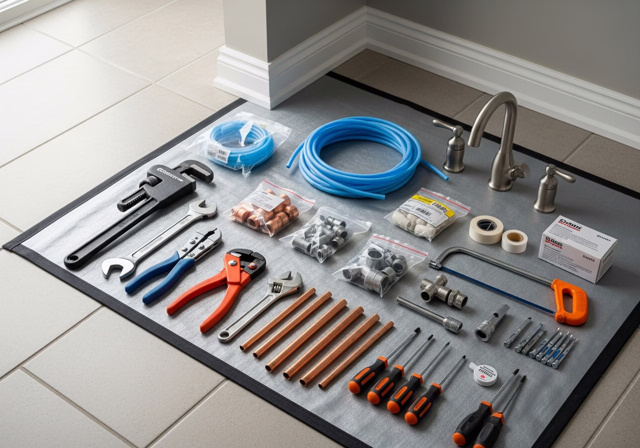 Lead and Galvanized Water Service Replacement — tools and materials staged in a Greater Toronto Area home