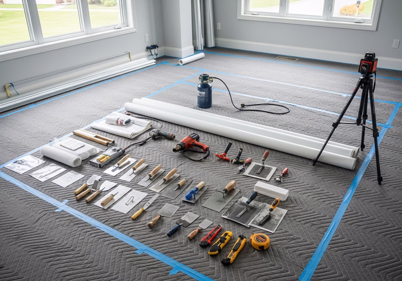 LED Backlit Stretch Ceiling — tools and materials staged in a Greater Toronto Area home