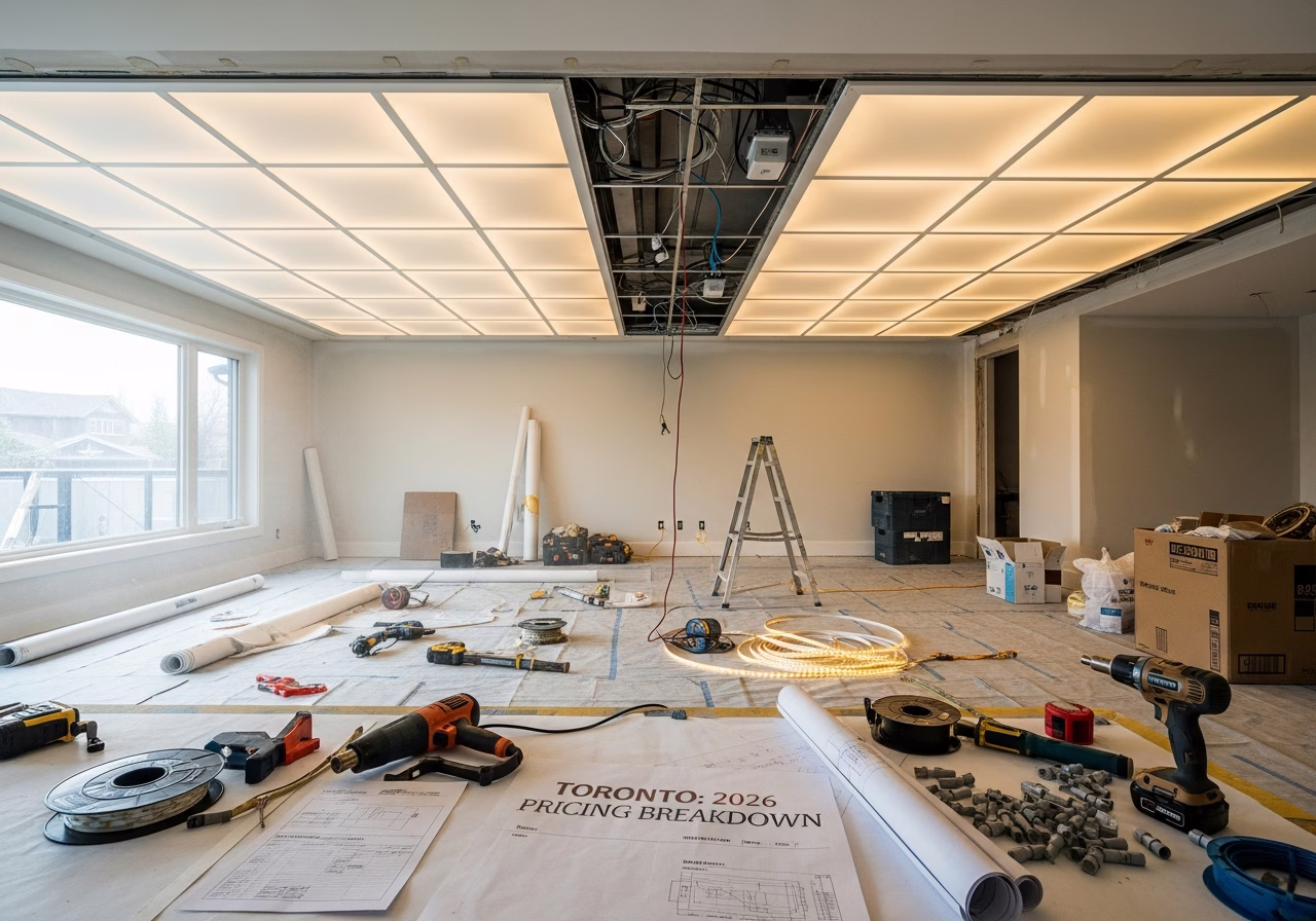 LED Strip Stretch Ceiling — tools and materials staged in a Greater Toronto Area home