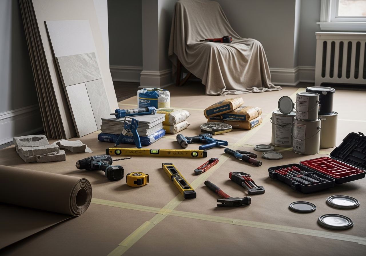 Load-Bearing Wall Removal During Kitchen Renovation — tools and materials staged in a Greater Toronto Area home