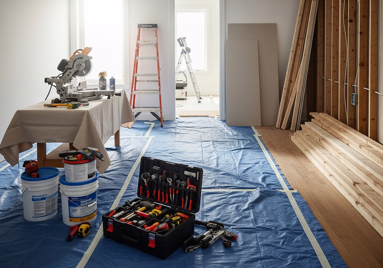 Removing a Load-Bearing Wall — tools and materials staged in a Greater Toronto Area home