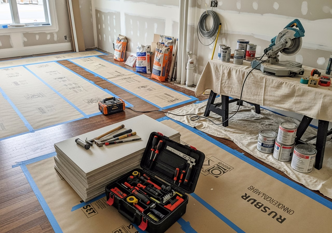 Load-Bearing Wall Removal — tools and materials staged in a Greater Toronto Area home
