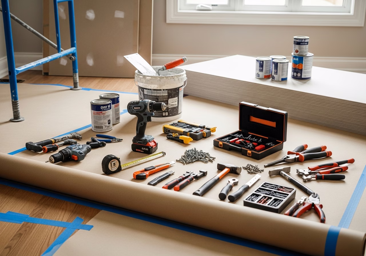 Load-Bearing Wall Removal — tools and materials staged in a Greater Toronto Area home