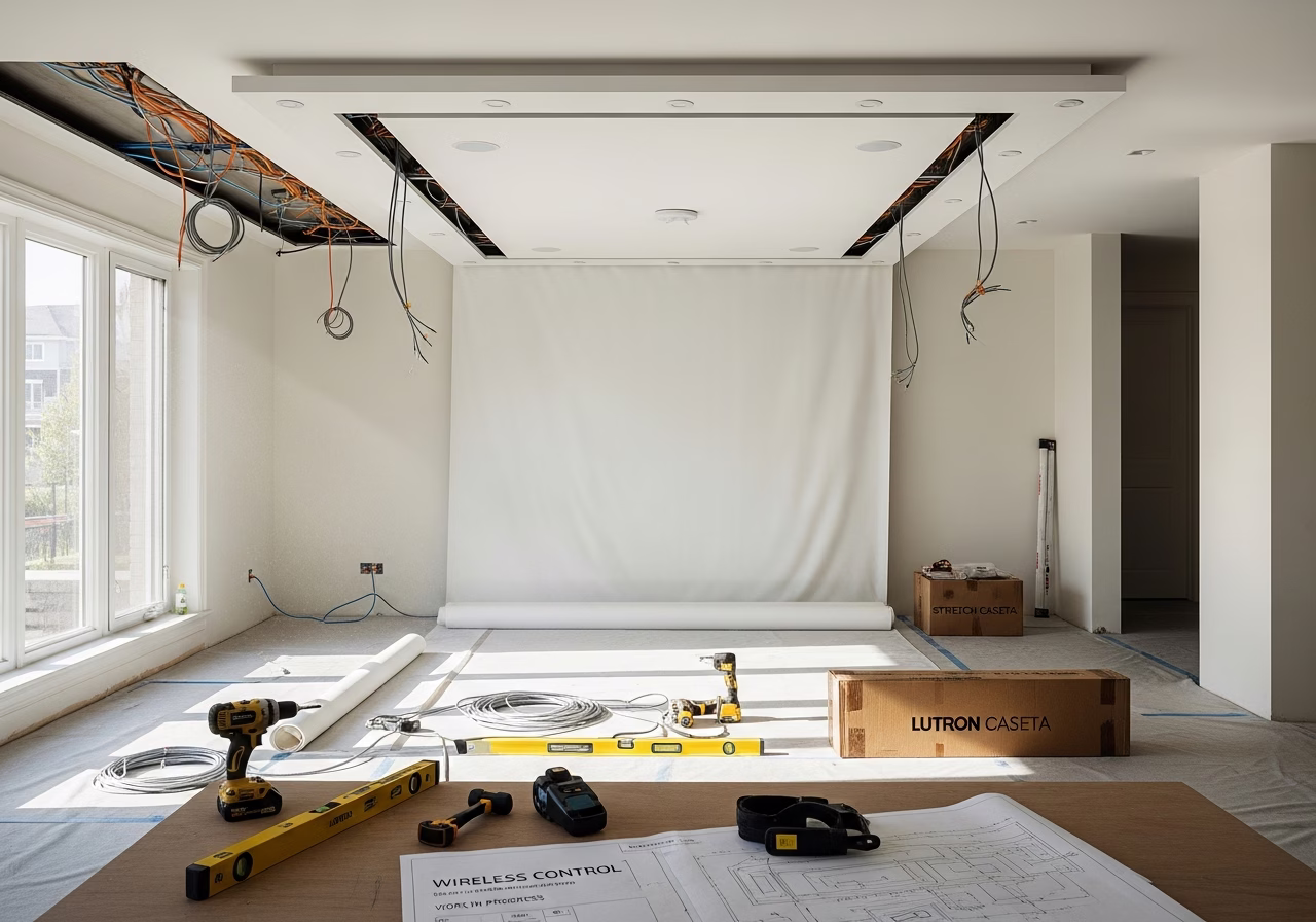 Lutron Caseta Smart Stretch Ceiling Integration — tools and materials staged in a Greater Toronto Area home