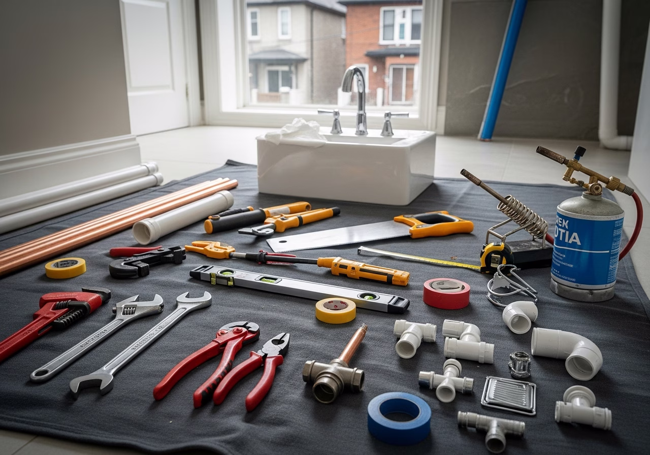 Mainline vs Floor-Drain Backwater Valve — tools and materials staged in a Greater Toronto Area home