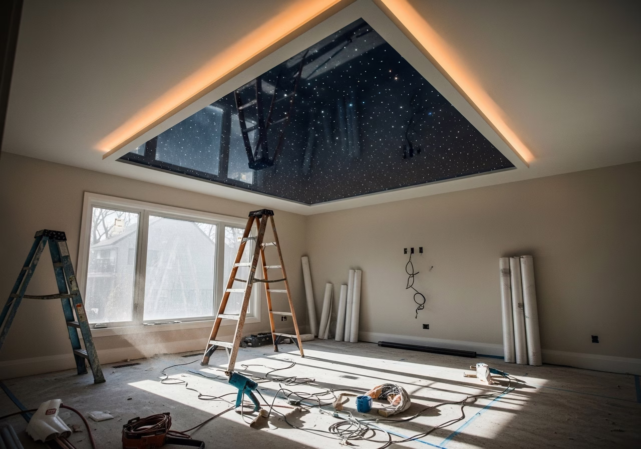 Master Bedroom Stretch Ceiling — tools and materials staged in a Greater Toronto Area home
